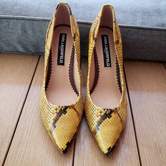 EUC KARL LAGERFELD Royale premium leather pumps in mustard / brown snake (6) - Picture 1 of 12
